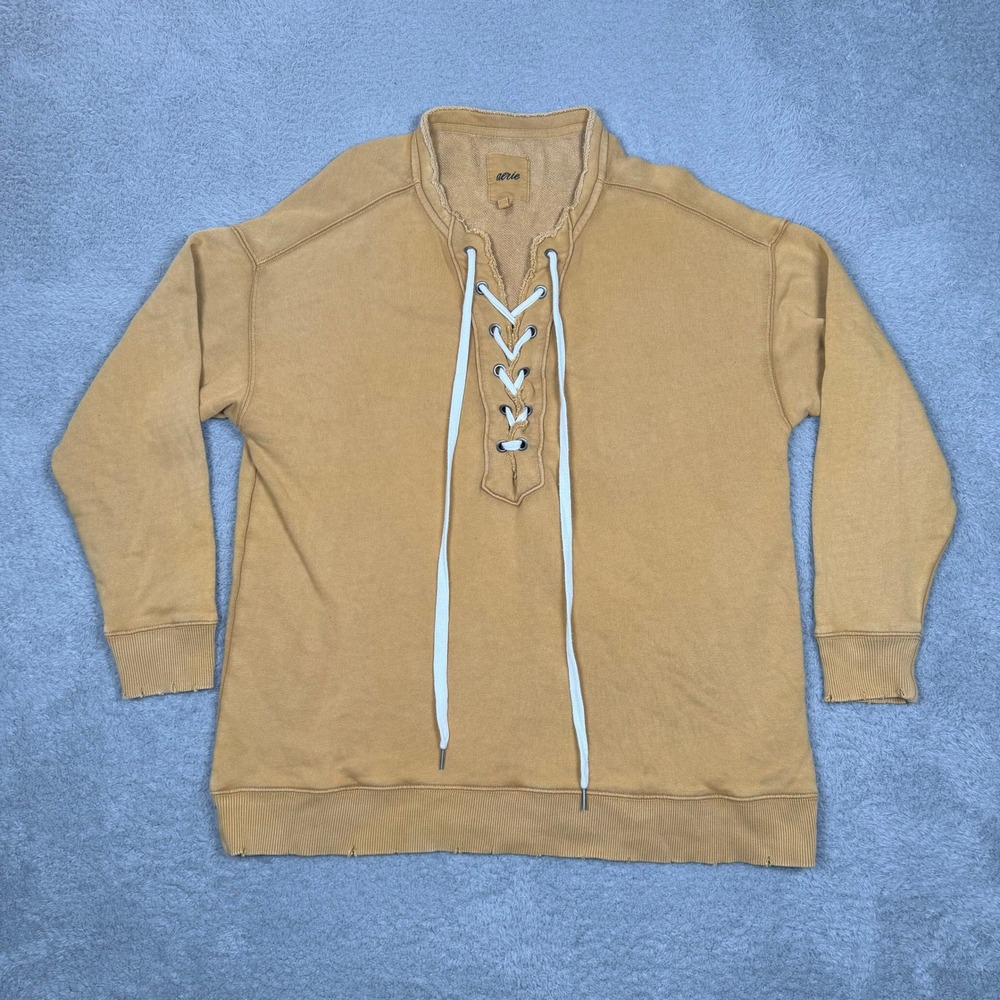 Y2K Aerie Womens Lace‎ Up Pullover Sweatshirt Mustard Yellow Distressed Small